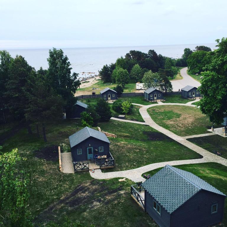 Aerial view of cabins by the Baltic sea