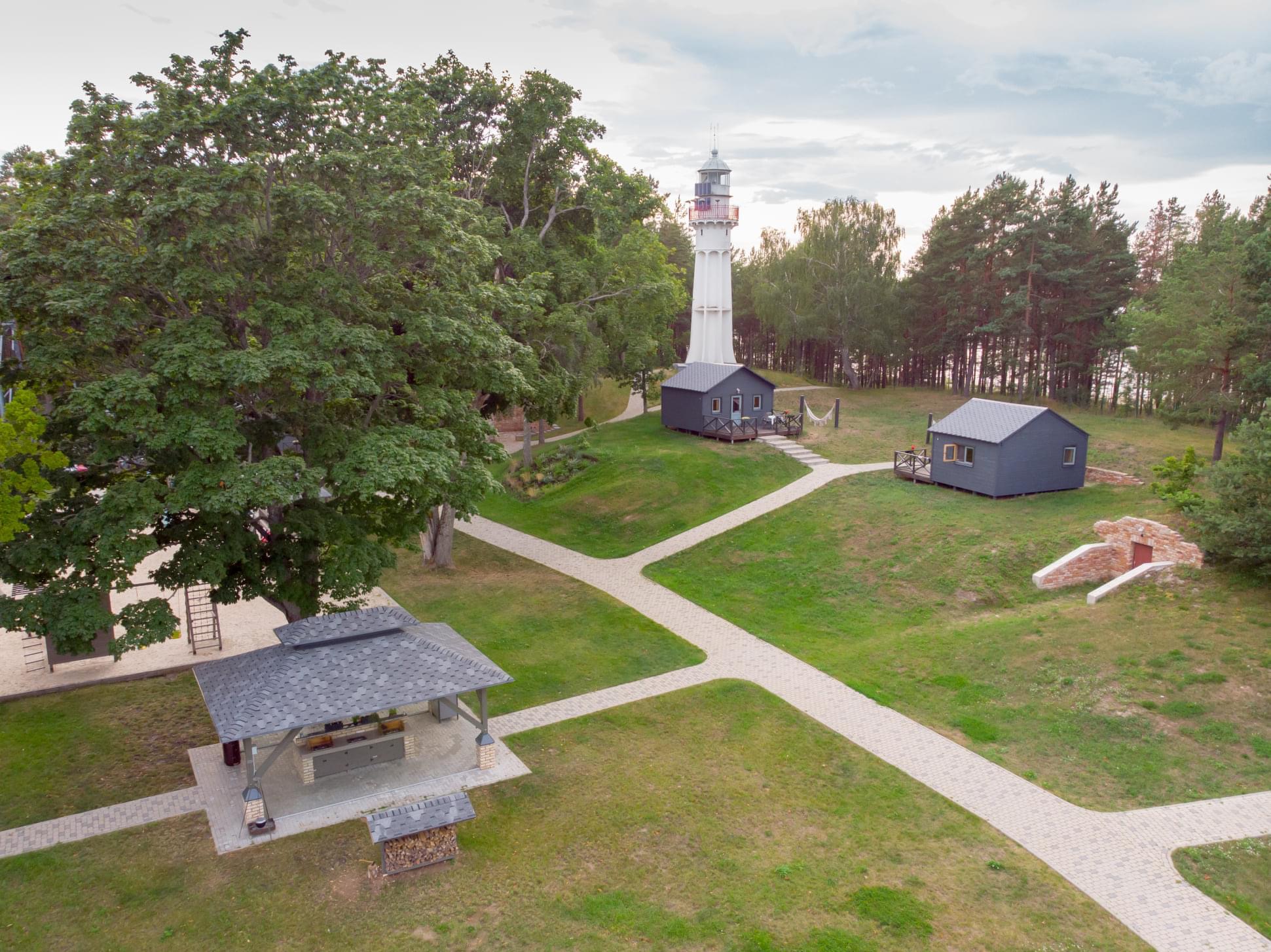 Aerial view of lighthouse and cabins